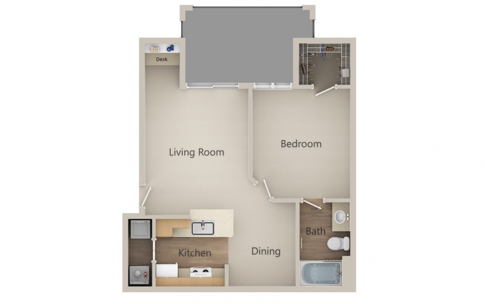 A - 1 bedroom floorplan layout with 1 bath and 643 square feet.