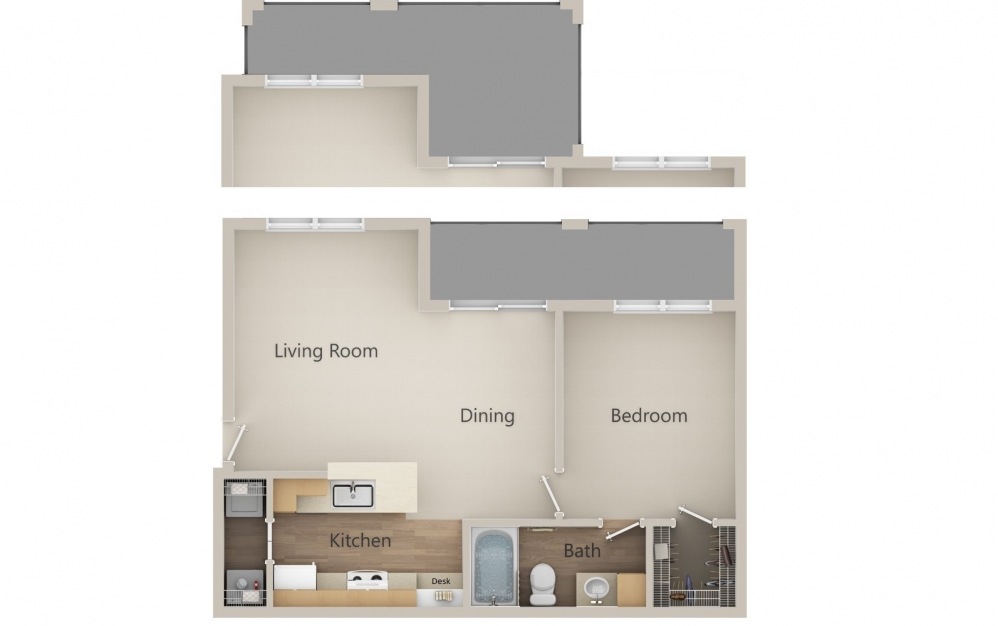 B - 1 bedroom floorplan layout with 1 bath and 711 square feet.