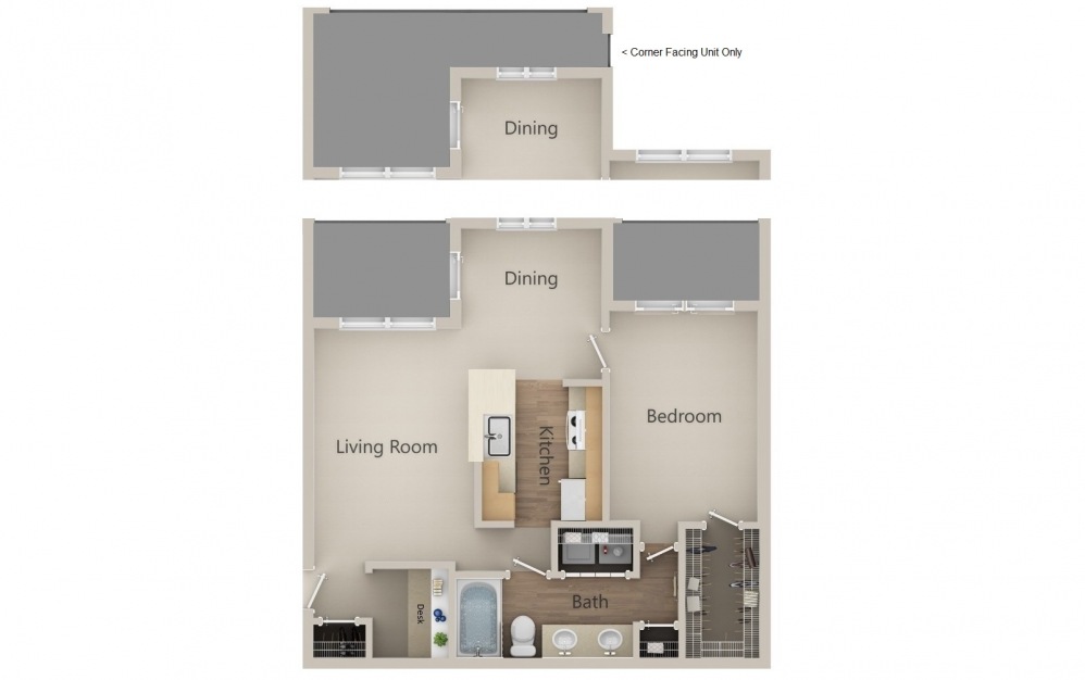 C - 1 bedroom floorplan layout with 1 bath and 802 square feet.