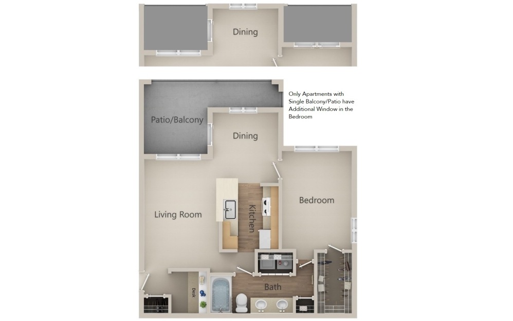 C - 1 bedroom floorplan layout with 1 bathroom and 802 square feet