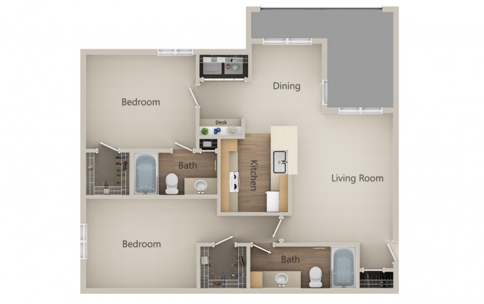 D - 2 bedroom floorplan layout with 2 baths and 1040 square feet.