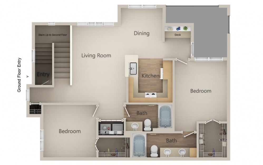 F2 - 2 bedroom floorplan layout with 2 baths and 1227 square feet.